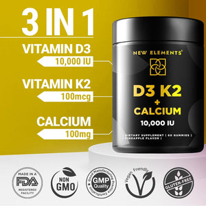 Vitamin D3 K2 Gummies 10000 IU with Calcium 100Mg - VIT D3 for Adults - Mk7 Vitamin K2 100Mcg - Vitamin D Supplement for Men & Women - Vegan Gluten Free Non-Gmo