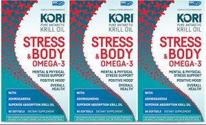 Kori Stress & Body Adaptogen Supplement - Krill Oil & Ashwagandha/Omega-3 Fatty Acids for Heart, Brain, Eye, & Joint Health/Occasional Stress, Mood, & Sleep Support / 80 Softgels