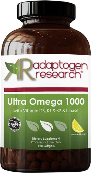 Ultra Omega 1000 with Vitamin D3, K1, K2 | 1000Mg of the Omega 3 Fatty Acids EPA & DHA | Fish Oil in the Triglyceride Form plus Lipase for Maximum Absorption | NO Aftertaste | 120 Softgels