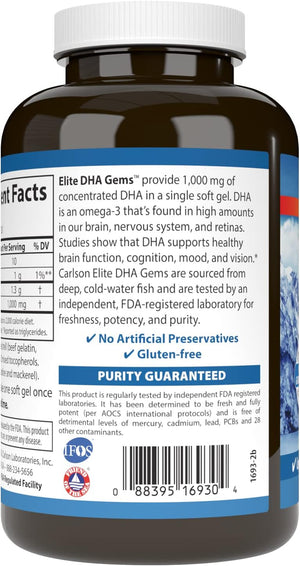 Carlson - Elite DHA Gems, 1000 Mg DHA, Wild Caught, Sustainably Sourced, Brain Function & Healthy Vision, 120 Softgels
