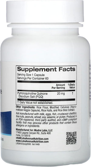 Lake Avenue PQQ, Pyrroloquinoline Quinone, 20 Mg, 60 Veggie Capsules