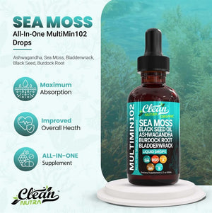 Clean Nutraceuticals Sea Moss Liquid Drops Supplement with Black Seed Oil Ashwagandha Burdock Root & Bladderwrack - Multimineral Organic Non-Gmo Vegan for Gut Heath Skin Immune Support Hair