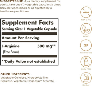 L-Arginine 500 Mg - 100 Vegetable Capsules - Nitric Oxide Stimulator - Non-Gmo, Vegan, Gluten Free, Dairy Free, Kosher - 100 Servings