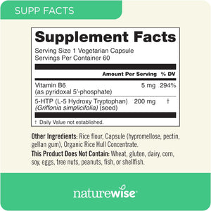 Naturewise 5-HTP 200Mg Mood Support, Natural Sleep Aid Helps Promote Healthy Eating Habits, Easy-To-Digest Delayed Release Capsules Enhanced W/ Vitamin B6, Non-Gmo (2 Month Supply - 60 Count)