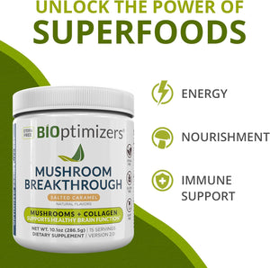 – Mushroom Breakthrough - Salted Caramel - Nootropic Supplement Blended Powder of Mushroom, Collagen & Superfoods: Lion’S Mane, Chaga, Reishi (15 Servings)