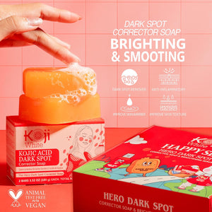 Koji White Skin Care Set – Hero Dark Spot Corrector Soap (3.52 Oz) & Dark Spot Brightening Serum (1 Fl.Oz) for Face Moisturizer with Kojic Acid, Niacinamide, Vitamin C, Hyaluronic Acid