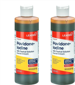 Leader Povidone Iodine 10% Prep Solution USP, First Aid Antiseptic Wound Cleanser, Wound Wash, Antiseptic Soap, 8 Fl Oz