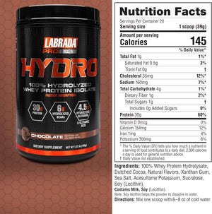 Labrada Hydro 100% Pure Hydrolyzed Whey Protein Isolate Powder, Lactose Free, Glutamine, Fastest Digesting Whey Available, Instant Mixing, Delicious Taste 47 Servings 4Lb (Chocolate)