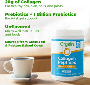 Hydrolyzed Collagen Peptides + Prebiotic & Probiotics Powder for Women & Men, 20G Grass Fed Collagen, 1 Billion CFU - Supports Digestive, Hair, Skin & Joint Health, Non-Gmo, Type I & III, 1Lb