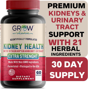 Grow Vitamin Premium Kidney Cleanse Supplement – Powerful Kidney Support Formula with Cranberry Extract Helps Support Healthy Kidneys & Urinary Tract Support– 60 Vegetarian Capsules
