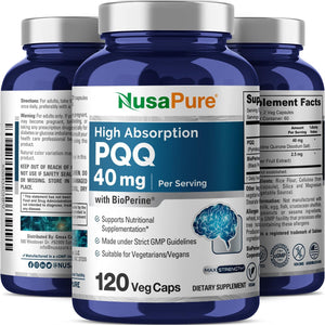 Nusapure PQQ Supplement 40 Mg, 120 Veggie Capsules, Non-Gmo, Pyrroloquinoline Quinone Disodium Salt, Bioperine