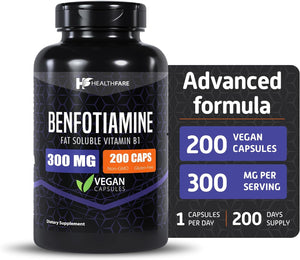 Benfotiamine 300Mg | 200 Capsules | Fat Soluble Thiamine Vitamin B1 | Supports Overall Health | Non-Gmo | Gluten Free (2-Pack)