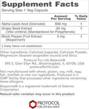 Protocol Alpha Lipoic Acid 600Mg - Grape Seed Extract and Bioperine -