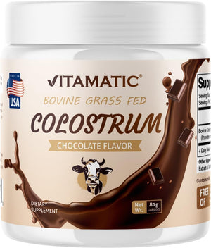 Vitamatic Bovine Colostrum Powder - Supplement for Gut Health, Hair Growth, Beauty, Muscle Recovery, & Immune Support - Easy to Mix - 30 Servings (Unflavored) (30 Servings, Chocolate)