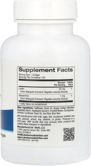 Lake Avenue Lutein Nutrition - with Lutein & Zeaxanthin from Marigold Extract - Supports Antioxidant Activity & Eye Health - Vegetarian Friendly - Gluten Free, Non-Gmo - 20 Mg - 120 Veggie Softgels