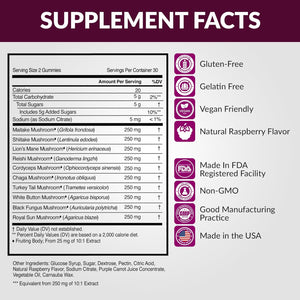 Lions Mane & Cordyceps Mushroom Gummies - 10In1 Supplement - for Focus, Energy, Mood, Memory & Clarity - 60 Pcs
