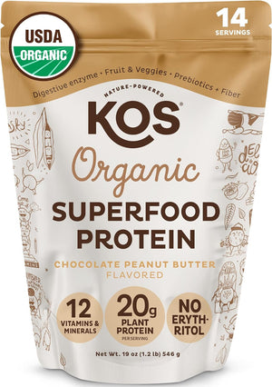 KOS Plant Based Protein Powder, No Erythritol, Chocolate Peanut Butter - Organic Pea Protein Blend, Superfood with Vitamins & Minerals - Soy, Dairy Free, Meal Replacement for Women & Men, 14 Servings