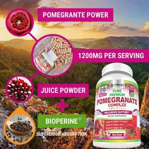 Premium Pomegranate Juice Powder Supplement 1200Mg, Supports Healthy Blood Pressure, Joints, Skin & anti Aging with Bioperine Black Pepper, Powerful Antioxidant with Vitamin C & K, 120 Vegan Capsules