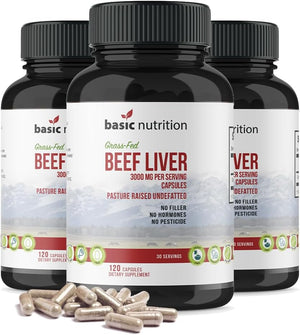 Basic Nutrition Pasture Raised Grass Fed Grass Finished Beef Liver Capsules | 3000Mg Serving | 100% Hormone Free Desiccated, Undefatted Beef Liver with No Fillers, Non-Gmo, Pesticide Free, Gluten-Free