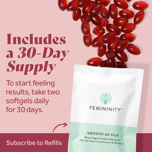 Femininity Smooth as Silk 30-Day Starter Kit for Vaginal Dryness (60 Softgels & Refillable Glass Jar) – Sea Buckthorn Oil with 365Mg Omega 7 + Omega 3 and Omega 9
