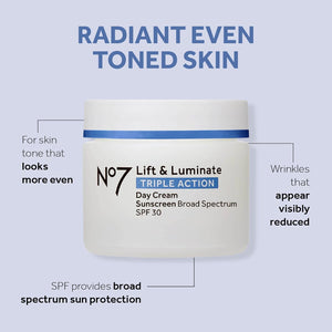 No7 Lift & Luminate Triple Action Day Cream - Anti-Aging Face Moisturizer SPF 30, Hyaluronic Acid & Vitamin C - Firms Skin for Radiant Glow - Suitable for Sensitive Skin (2 Pack, 1.69 Fl Oz Each)