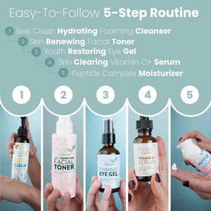 Eva Naturals Rejuvenating Skin Care Set - Exfoliate, Replenish & Moisturize with Vitamin C plus Serum, Bee Clean Cleanser, Eye Gel, Face Moisturizer & Toner - Perfect Facial Cleanser Bundle