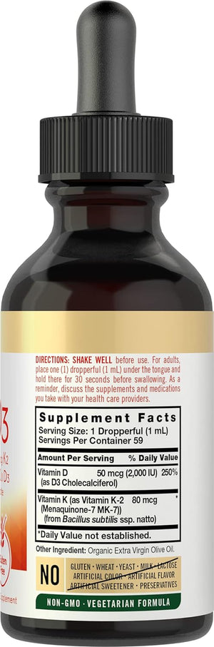 Vitamin D3 K2 Liquid | 2 Fl Oz | MK-7 Supplement | Vegetarian, Non-Gmo, Gluten Free
