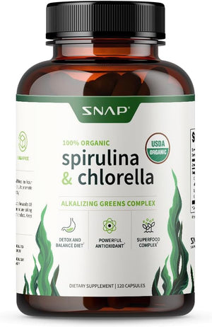 Snap Supplements USDA Organic Spirulina Chlorella Capsules - Green Superfoods for Natural Energy and Metabolic Health, 120 Capsules