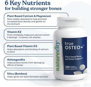 True-Osteo+ Plant-Based Supplement for Bone Strength | Algaecal Calcium & Magnesium, Plant-Based Vitamin D3, Vitamin K2, Silicon, Ashwagandha| Gentle on Stomach (120 Veggie Capsules)
