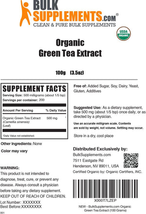 Bulksupplements.Com Organic Green Tea Extract Powder - Herbal Supplement, Green Tea Supplement, Green Tea Powder - Vegan & Gluten Free, 500Mg per Serving, 250G (8.8 Oz) (Pack of 1)