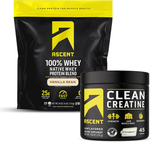 Ascent 100% Whey Protein Powder, Vanilla Bean 4 Lb & Creatine Monohydrate Powder, Unflavored 45 Servings