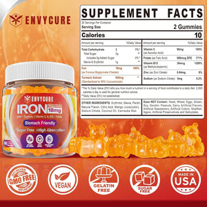 Sugar Free Iron Gummies 18Mg for Women Men, Iron Bisglycinate Supplement Gummies with Vitamin C, Turmeric & Folate - Blood Builder for Iron Deficiency, Anemia & Energy, Non-Constipating (1 PACK)