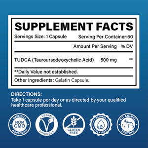 TUDCA 500Mg Supplement, Liver and Gallbladder Support, Genuine Pure Bile Salts with Bitter Taste, Gluten Free, Non GMO - 60 Capsules