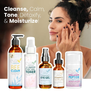 Eva Naturals Rejuvenating Skin Care Set - Exfoliate, Replenish & Moisturize with Vitamin C plus Serum, Bee Clean Cleanser, Eye Gel, Face Moisturizer & Toner - Perfect Facial Cleanser Bundle