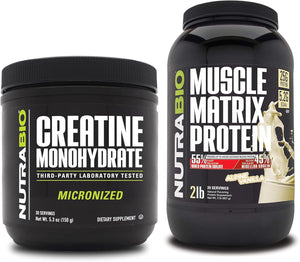Nutrabio Creatine Monohydrate, Unflavored, (150 G) and Muscle Matrix Protein Powder, (Vanilla) Supplement Bundle – Muscle Energy, Maximum Growth, Recovery, and Strength