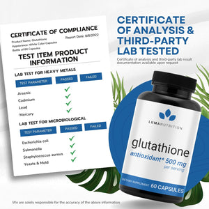 Premium Glutathione - Reduced Glutathione 500Mg - Glutathione Supplement - L-Glutathione - Antioxidant Support - Liver Support - 60 Capsules