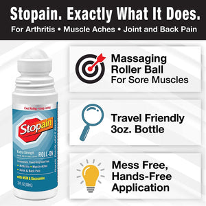Stopain Pain Relief Roll on Gel 3Oz, USA Made, Max Strength Fast Acting with MSM, Glucosamine, Menthol for Arthritis, Lower Back, Knee, Neck, HSA FSA Approved OTC Topical Analgesic Products
