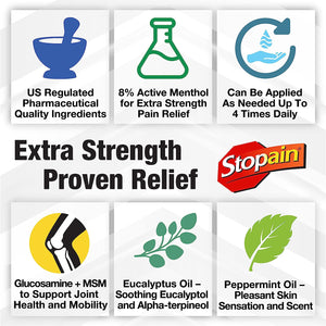 Stopain Pain Relief Roll on Gel 3Oz, USA Made, Max Strength Fast Acting with MSM, Glucosamine, Menthol for Arthritis, Lower Back, Knee, Neck, HSA FSA Approved OTC Topical Analgesic Products