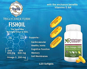 Ultra Omega 1000 with Vitamin D3, K1, K2 | 1000Mg of the Omega 3 Fatty Acids EPA & DHA | Fish Oil in the Triglyceride Form plus Lipase for Maximum Absorption | NO Aftertaste | 120 Softgels