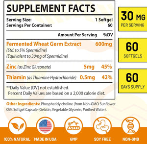 30Mg Spermidine Supplement, Liposomal Spermidine, High Absorption, More Potent than Spermidine 3HCL, Fermented Wheat Germ Extract, Spermidine for Women & Men, Cellular Renewal, Longevity, 120 Softgels
