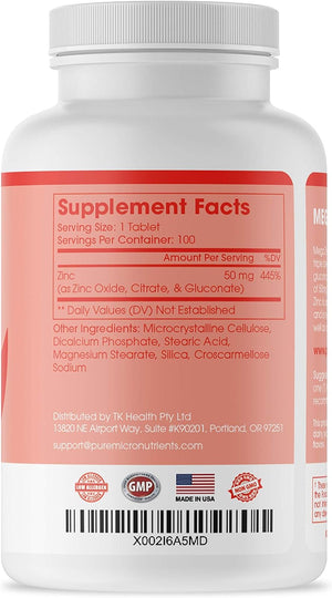 Mega Zinc Supplement, 50Mg - 3-In-1 Zinc Complex - 100 Tablets - Pure Micronutrients