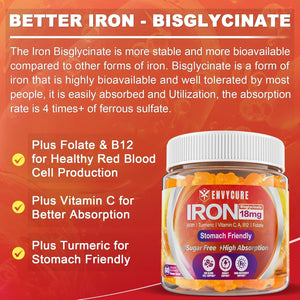 Sugar Free Iron Gummies 18Mg for Women Men, Iron Bisglycinate Supplement Gummies with Vitamin C, Turmeric & Folate - Blood Builder for Iron Deficiency, Anemia & Energy, Non-Constipating (1 PACK)