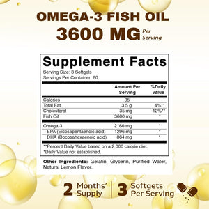 Vitamatic Triple Strength Omega 3 Fish Oil 3600Mg per Serving, 2160Mg Omega 3 Fatty Acids, 1296Mg EPA + 864Mg DHA, Burpless Lemon Flavor, 180 Softgels