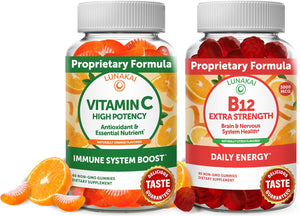 Lunakai Vitamin C and Vitamin B12 Gummies Bundle - 300Mg Organic, NON-GMO, Vegan Chewable Supplement - 3000Mcg Methylcobalamin High Absorption Energy Gummy - 30 Days Supply