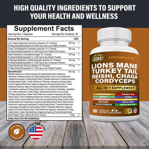 Lions Mane Capsules, Mushroom Supplement with Turkey Tail, Cordyceps Reishi Chaga, Alt to Mushroom Gummies or Mushroom Coffee, Made in USA (60 Count)