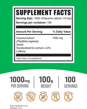 Bulksupplements.Com Guarana Extract Powder - Natural Caffeine Supplement, from Guarana Seed. Guarana Powder - Gluten Free, 1000Mg per Serving, 100G (3.5 Oz) (Pack of 1)
