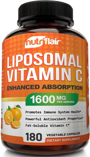 Nutriflair Liposomal Vitamin C 1700Mg, 180 Capsules - High Absorption, Fat Soluble VIT C, Antioxidant Supplement, Higher Bioavailability Immune System Support & Collagen Booster, Non-Gmo, Vegan Pills