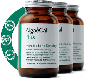 ALGAECAL plus - Organic Red Algae Calcium Supplement, Vitamin K2 MK7 (100Mg), Vitamin D3 (1600 IU), Magnesium (250Mg) & Trace Minerals, for Bone Strength, Easy to Swallow Caps, 3 Month Supply