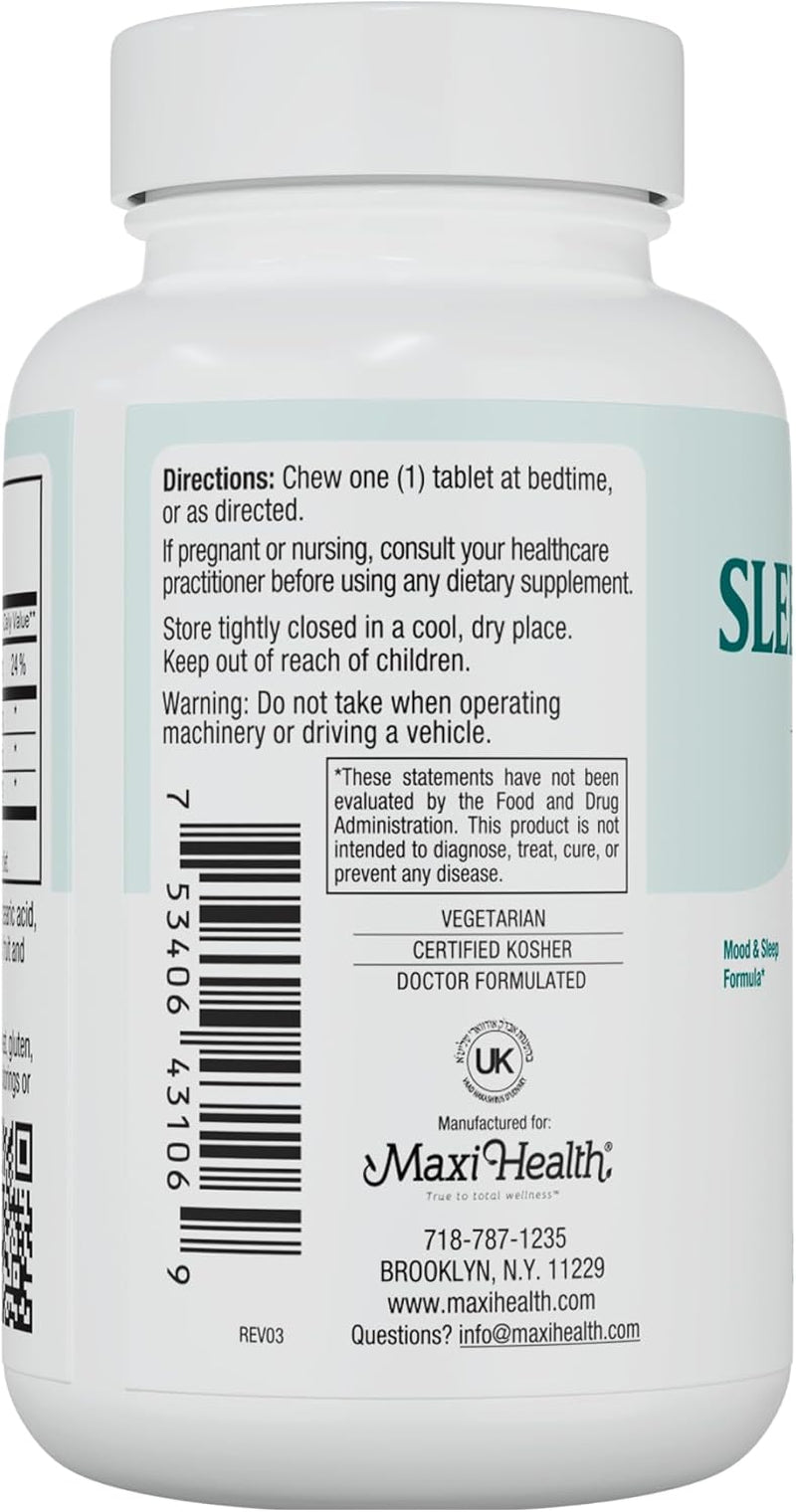 Maxi Health Sleep-O-Chew Strawberry Chewable Tablets with Magnesium, Inositol, L-Tryptophan, 3Mg Melatonin for Sleep Support - Non Habit Forming Sleep Aid for Adults, Kosher Sleep Supplement, 60 Count