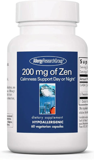 Allergy Research Group 200Mg of Zen Supplement - GABA, L-Theanine, Calmness Support, Day or Night, Hypoallergenic, Vegetarian Capsules - 120 Count